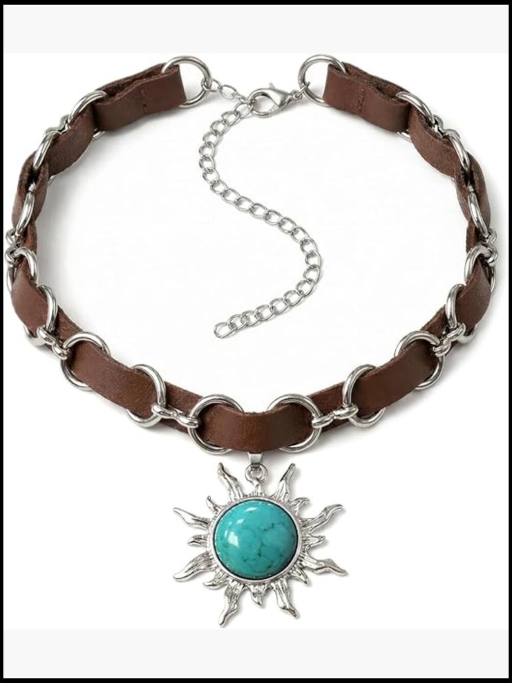 Turquoise Sun Pendant Leather Choker Necklace Boho Gothic Adjustable